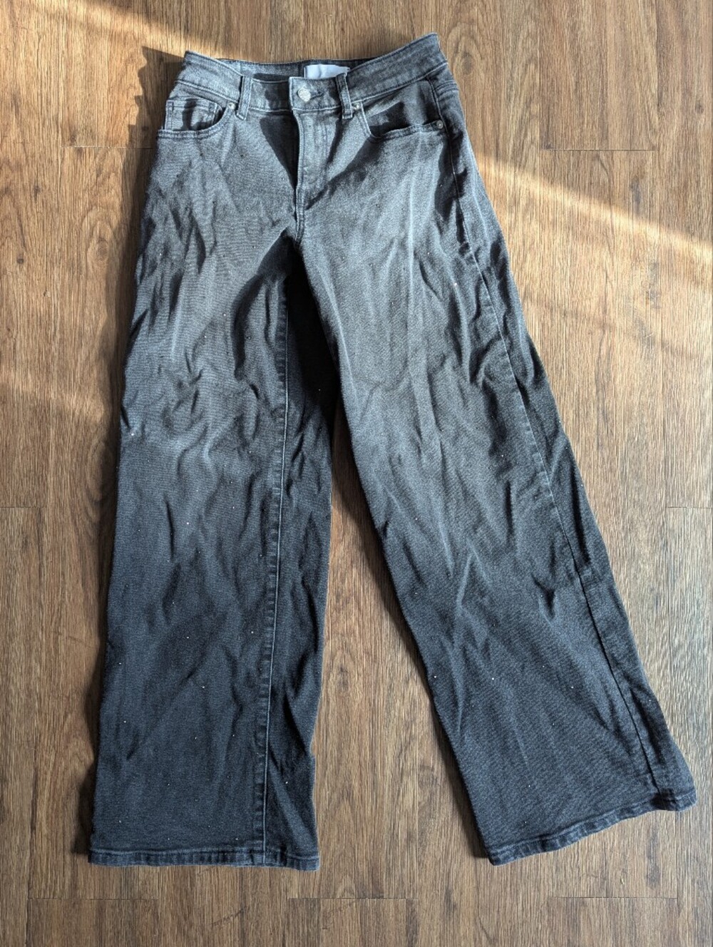 PINK Black Mid Rise Baggy Wide Leg Denim Jeans With Rhinestones Size 0